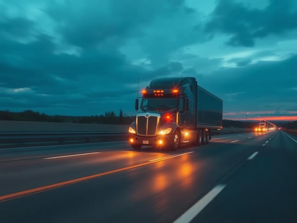 Modern semi-truck moving fast on a highway at dusk